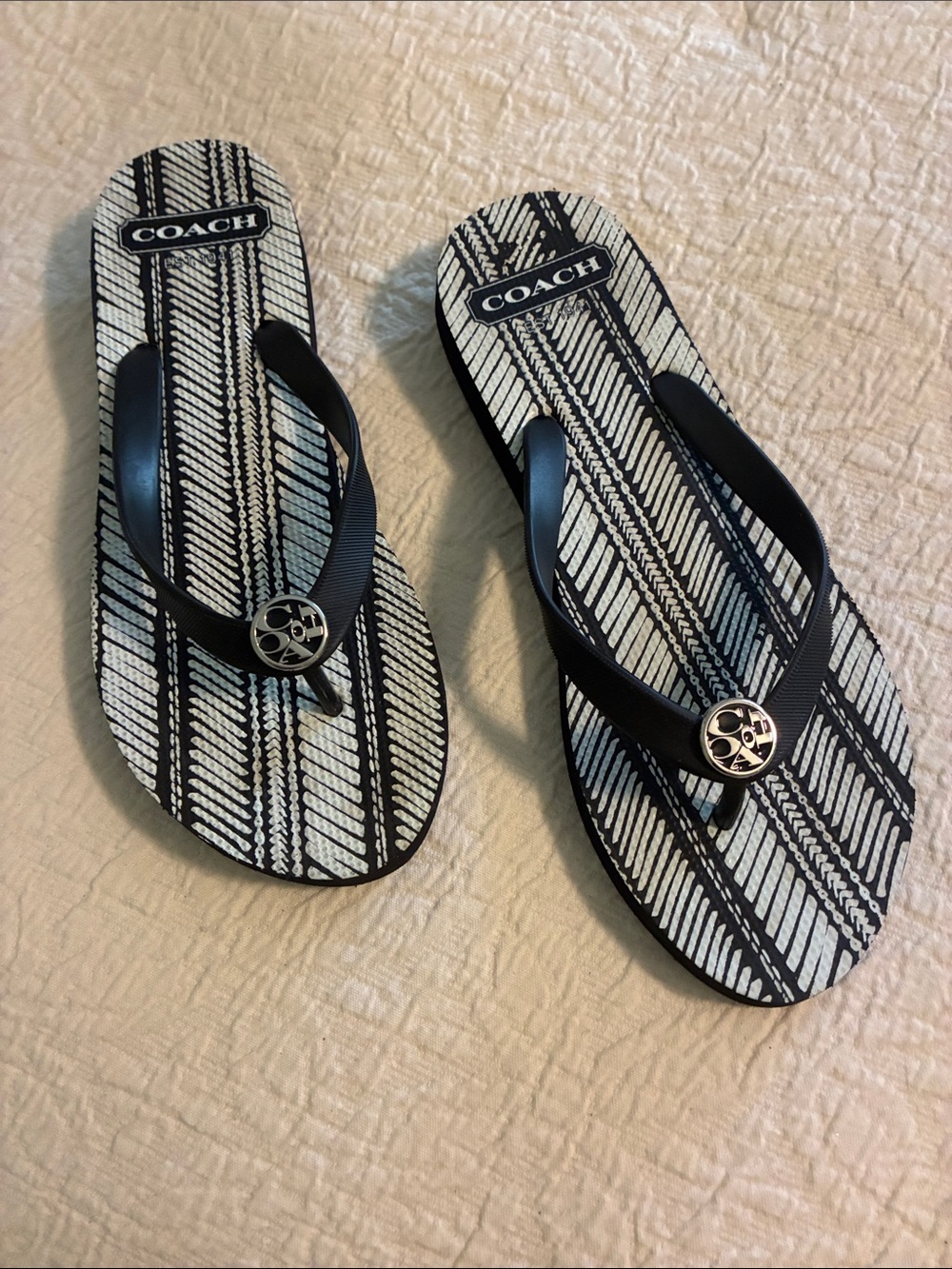 Coach Black & White Signature Pattern Flip Flop Sandals